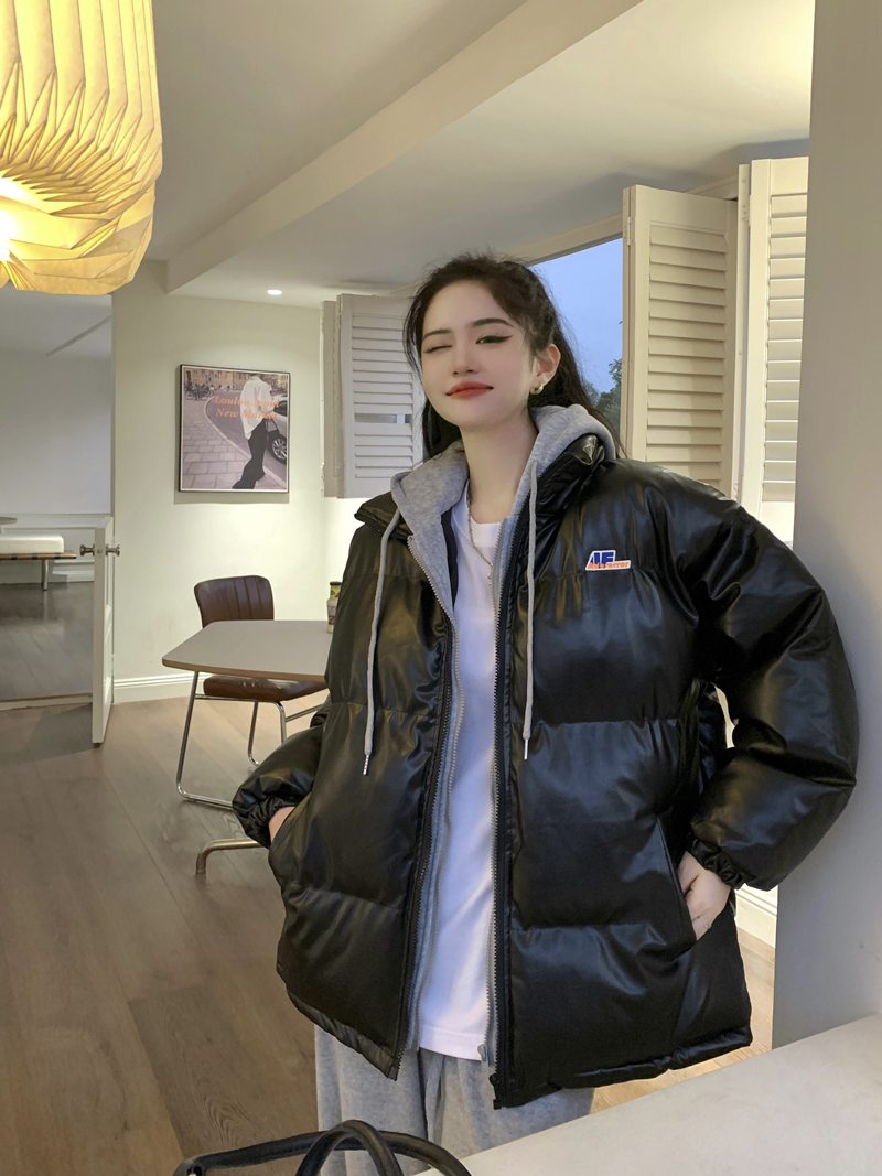 Actual shot~All three standards~Designed hooded contrasting color loose thickened cotton jacket loose and versatile long-sleeved cotton jacket