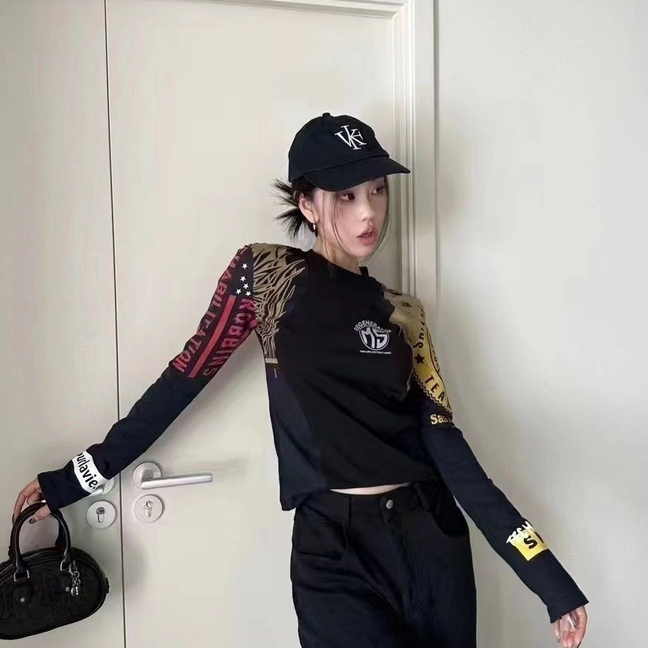 秋冬時尚潮流撞色拼接月亮印花百搭顯瘦修身氣質圓領洋氣cs打底衫