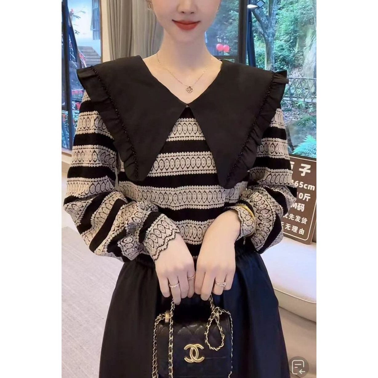時尚撞色條紋寬鬆百搭減齡娃娃領打底衫女秋2023高級感顯瘦上衣潮