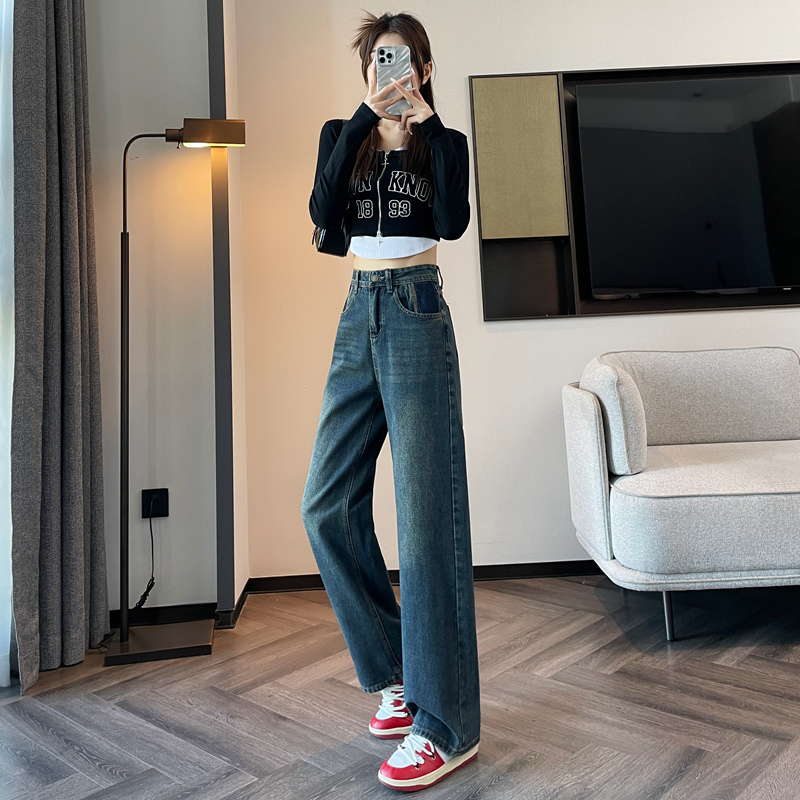 實拍2024早春時尚潮流直筒闊腿美式復古牛仔褲女