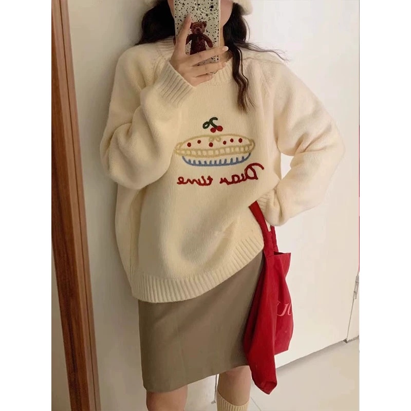 韓系圓領減齡水果蛋糕提花毛衣女慵懶厚實軟糯針織衫