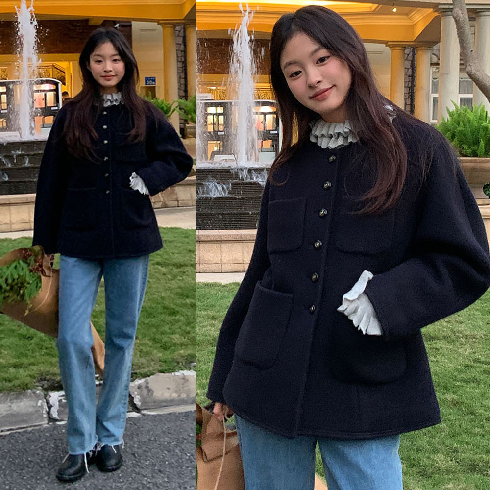 Real shot retro ins versatile round neck pocket button woolen thick warm cardigan jacket