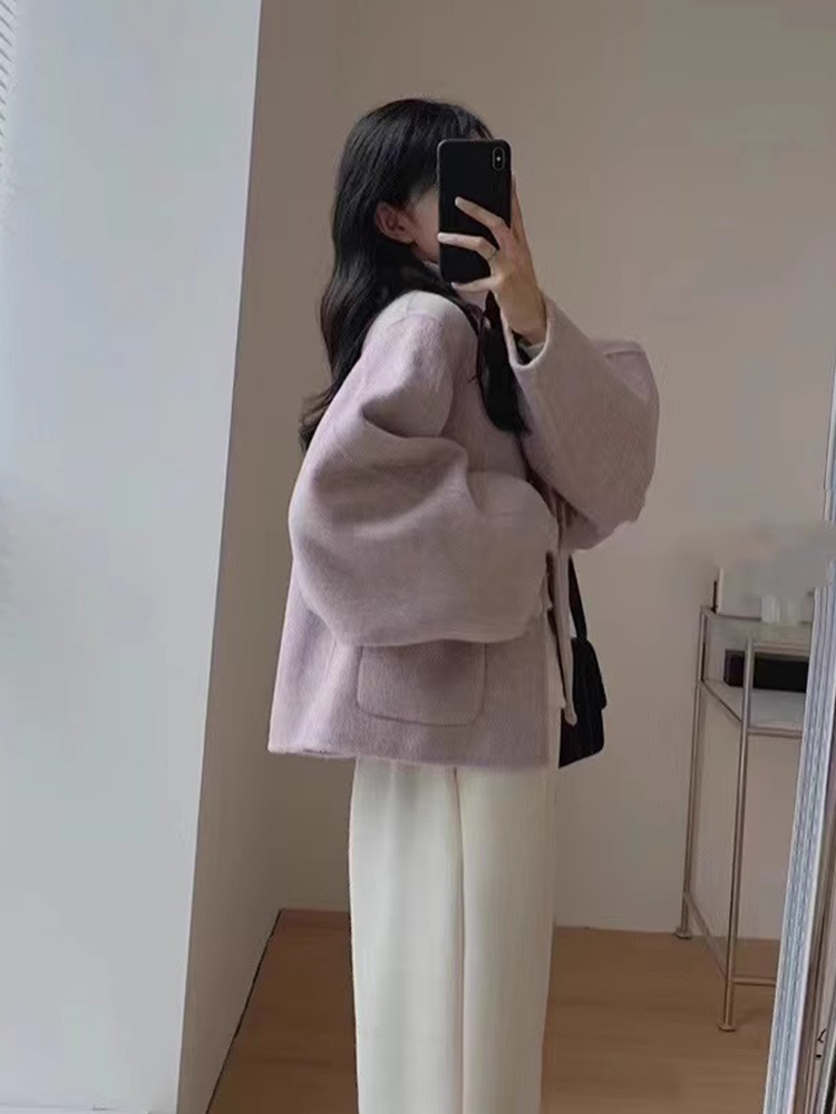 2024 Korean style purple short woolen coat for women autumn and winter small cashmere woolen coat