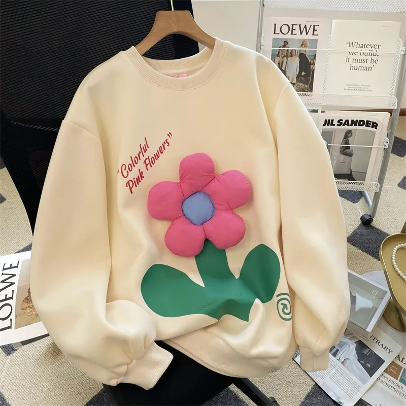 Beige sweatshirt for women spring and autumn 2023 new style loose and stylish age-reducing lazy three-dimensional flower velvet top