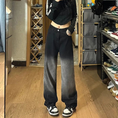 Retro washed gradient black jeans for women 2024 spring new high street straight drape floor-length long pants trendy