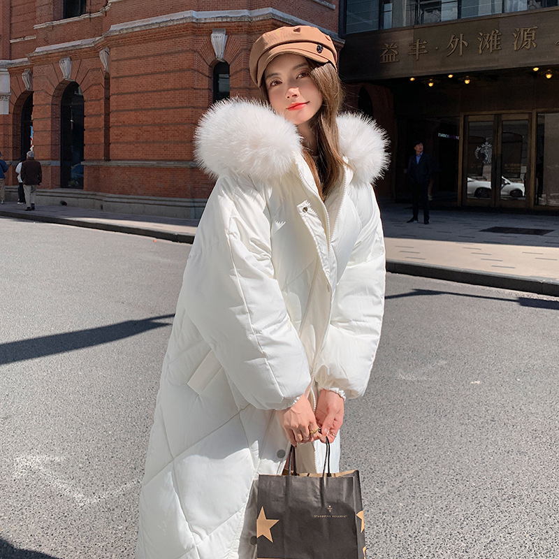 Real shot of white large fur collar down jacket for women mid-length 2023 new Korean style milky winter thickened jacket