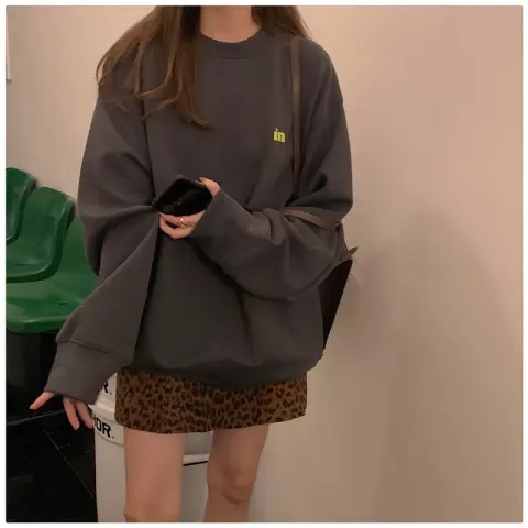 Plush velvet and thickened American printed sweatshirt for women, mid-length loose round neck long-sleeved student age-reducing casual top