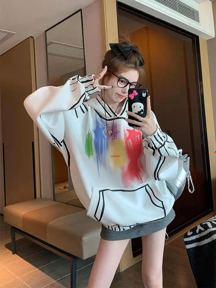 美式復古白色連帽套頭衛衣女春秋季oversize寬鬆帽衫加絨加厚上衣