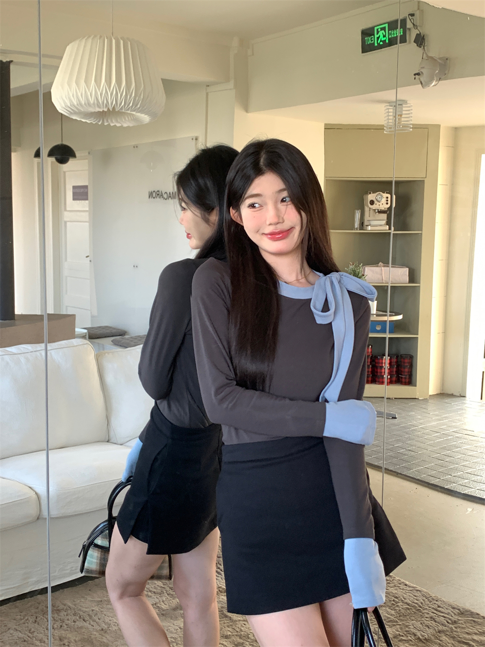 實拍法式溫柔長袖T恤撞色蝴蝶結圓領修身顯瘦內搭打底衫上衣