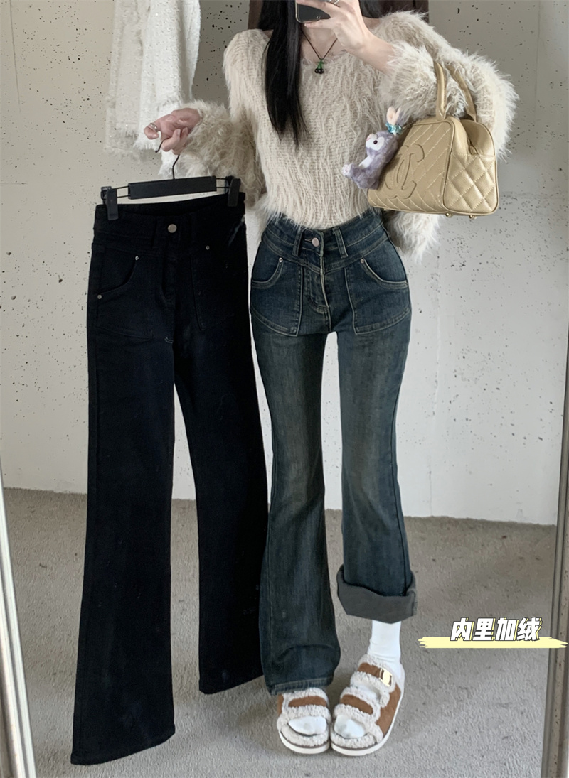 實拍 秋冬新款彈力高腰磨毛加厚修身顯瘦微喇百搭長牛仔褲女