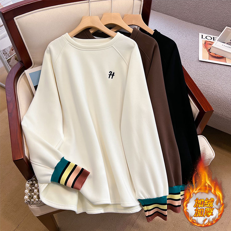 Quality winter Korean style loose Chinese cotton composite silver fox velvet round neck splicing large size plus velvet sweatshirt for women