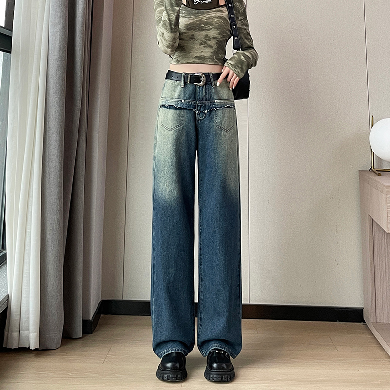 實拍2024早春新款漸變闊腿寬鬆直筒牛仔褲女