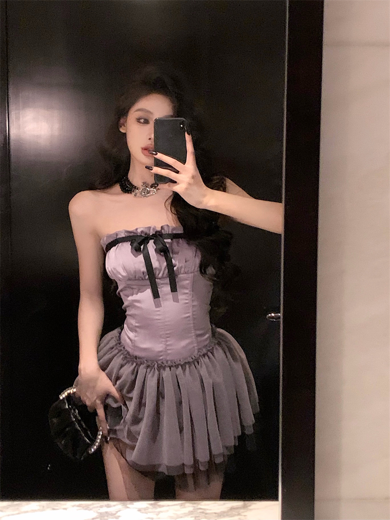 實拍~紫藤灰聖誕辣妹芭蕾少女朋克蝴蝶結抹胸生日禮服蓬蓬裙