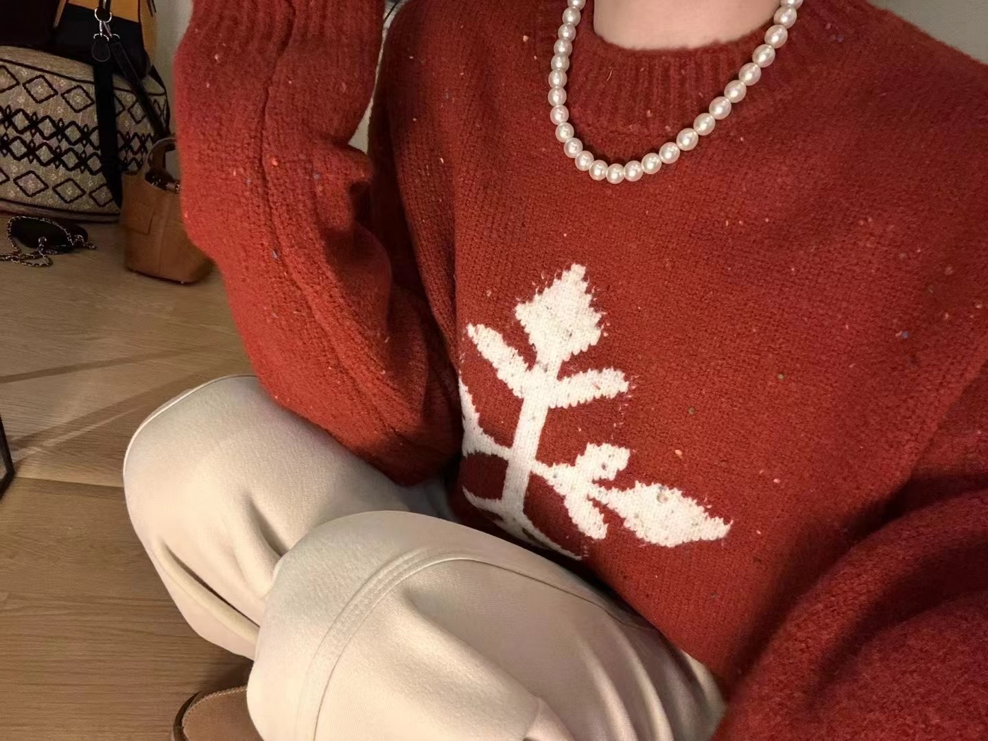 聖誕雪花彩點顆粒毛衣女2023秋冬新款圓領套頭寬鬆百搭針織上衣厚