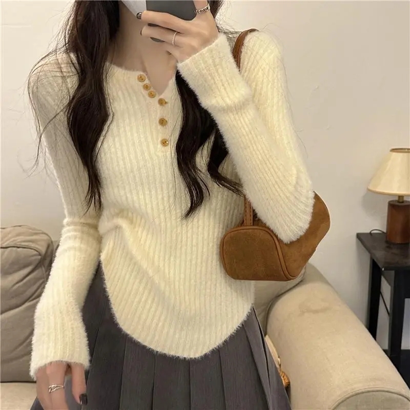 Tmall quality irregular v-neck imitation mink velvet sweater with bottoming shirt autumn and winter soft and waxy slim short style