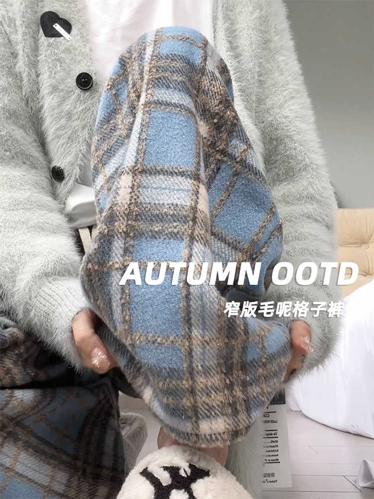 復古毛呢加絨格子褲女秋冬棉褲高腰垂感褲窄版闊腿褲