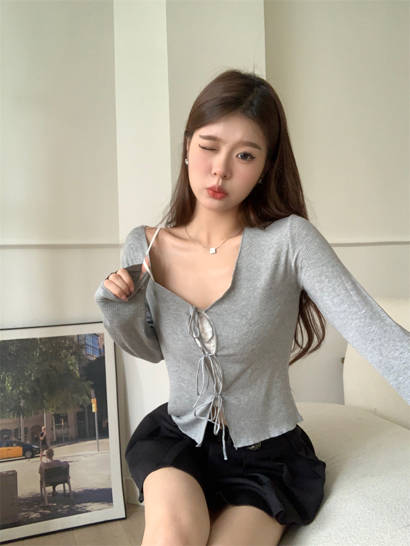 Actual shot of new early autumn strappy cardigan v-neck slim and versatile solid color long-sleeved sun protection small jacket for women