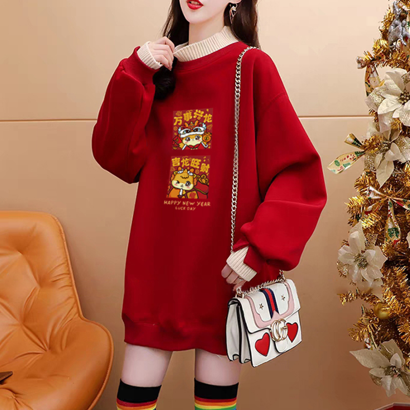 純棉複合超柔秋冬超火龍年印花紅色假兩件半高領加絨衛衣女潮