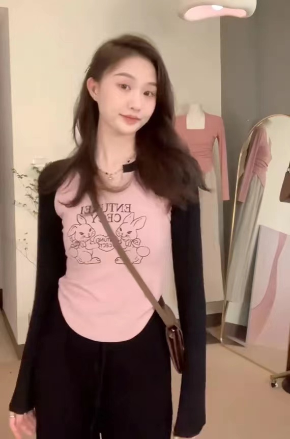 280克螺紋條印花v領打底衫撞色長袖T恤女早秋修身顯瘦