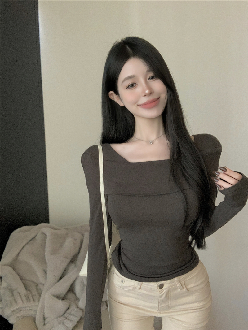實拍~性感彈力打底衫女設計感小眾內搭修身長袖t恤一字肩上衣