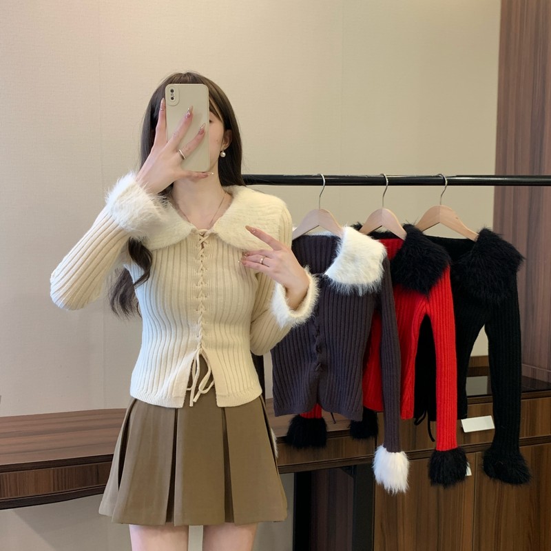 實拍秋冬新款韓版設計感毛茸茸翻領修身顯瘦綁帶短款針織上衣