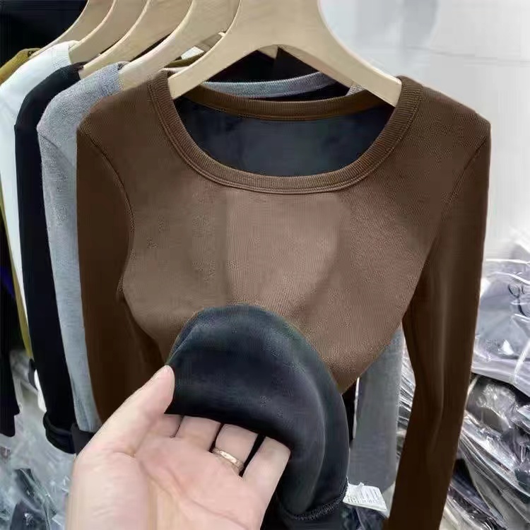 秋冬季保暖內衣女加絨加厚加大碼內搭修身打底衫圓領長袖T恤上衣