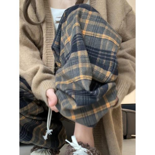 Original TR woven 400g brushed fabric plaid wide-leg pants for women autumn and winter high-waisted straight pants