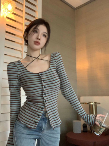 280g striped official pure lust style striped retro long-sleeved early autumn new waist slimming top for women