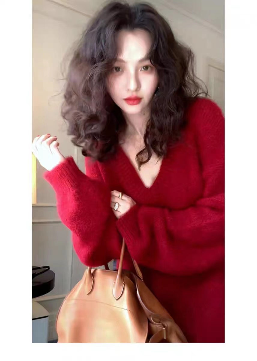 秋季新款軟糯復古慵懶風今年流行漂亮毛衣寬鬆紅色針織衫女裝