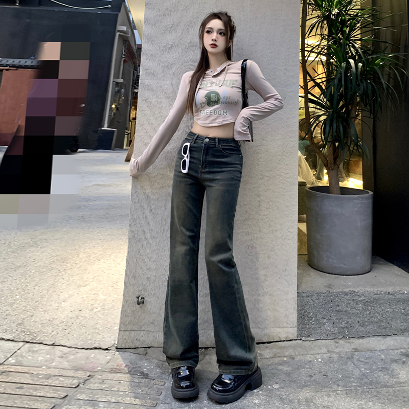 實拍~2024早春韓版新款牛仔褲女士經典百搭水泥灰直筒顯瘦長褲子