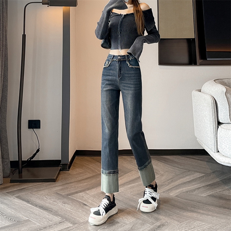 實拍2024早春時尚潮流拼接直筒闊腿美式復古牛仔褲女