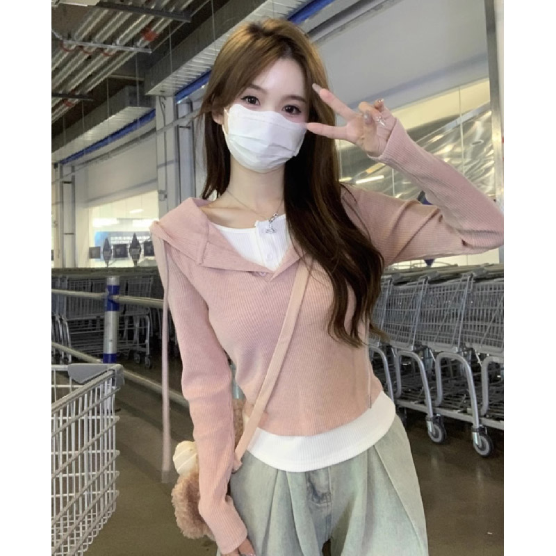 Original workmanship, contrasting colors, fake two-piece drawstring hooded T-shirt for women, winter slim fit, short inner top for small people