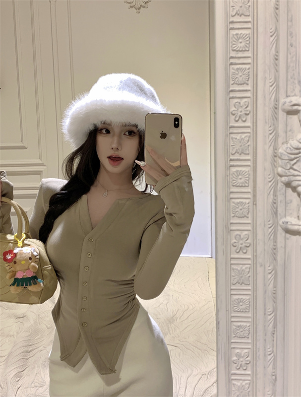 實拍～ 氣質V領薄絨不規則長袖修身顯瘦打底衫上衣t恤辣妹女