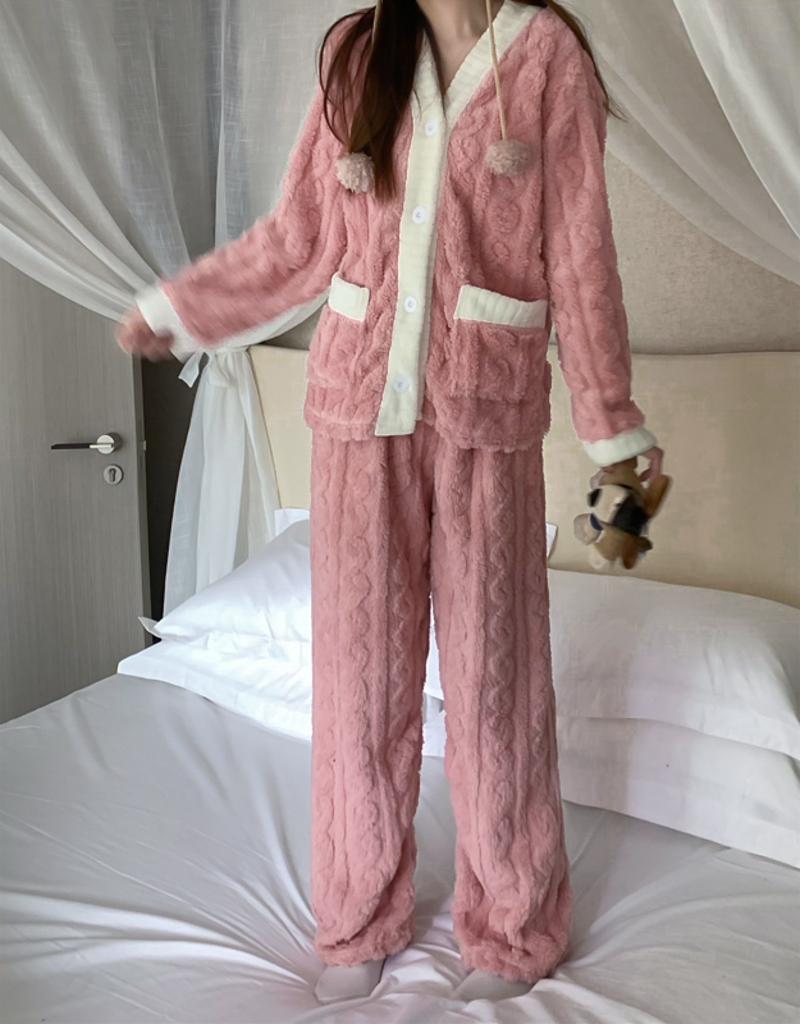 實拍 新款加絨加厚小香風珊瑚絨家居服睡衣外穿兩件套