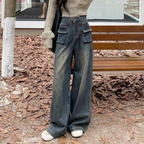 High-waisted workwear jeans for women, autumn and winter  new high street design, loose, straight and drapey floor-length pants