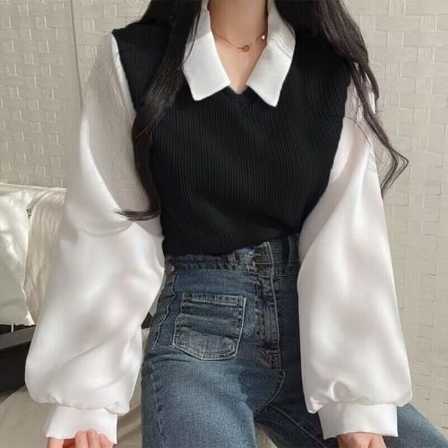 New large size fat mm fake two-piece T-shirt for women with spliced ​​POLO collar long-sleeved sweatshirt loose top for women to wear outside