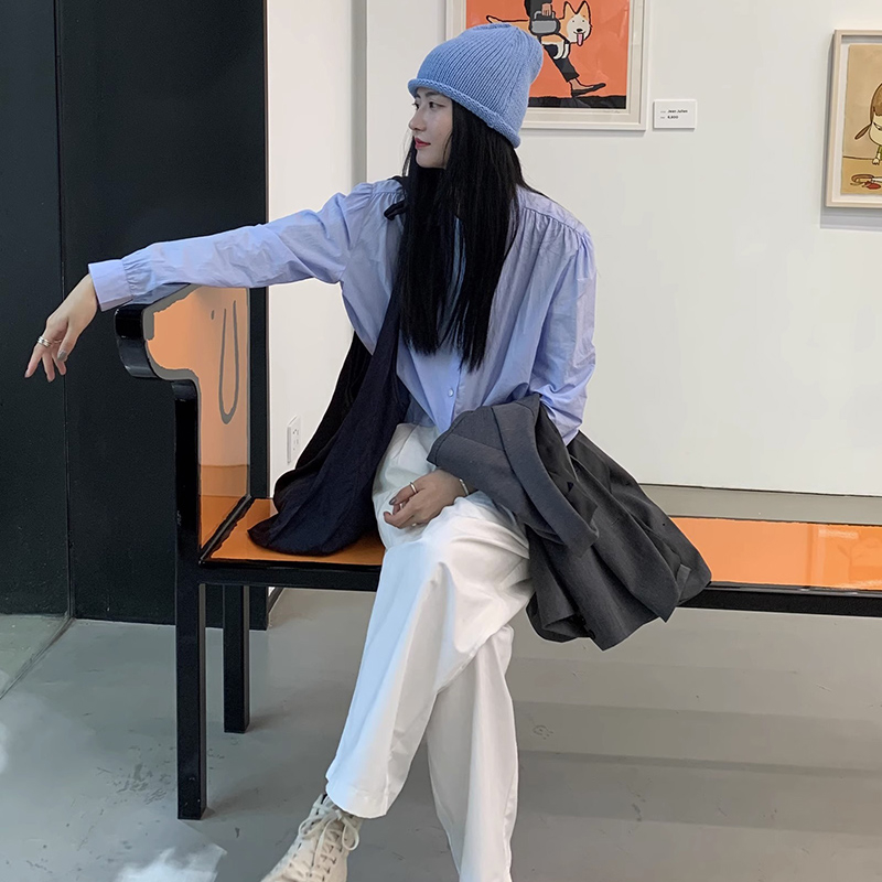 韓版圓領白色襯衫女長袖秋款襯衣復古設計感小眾泡泡ins