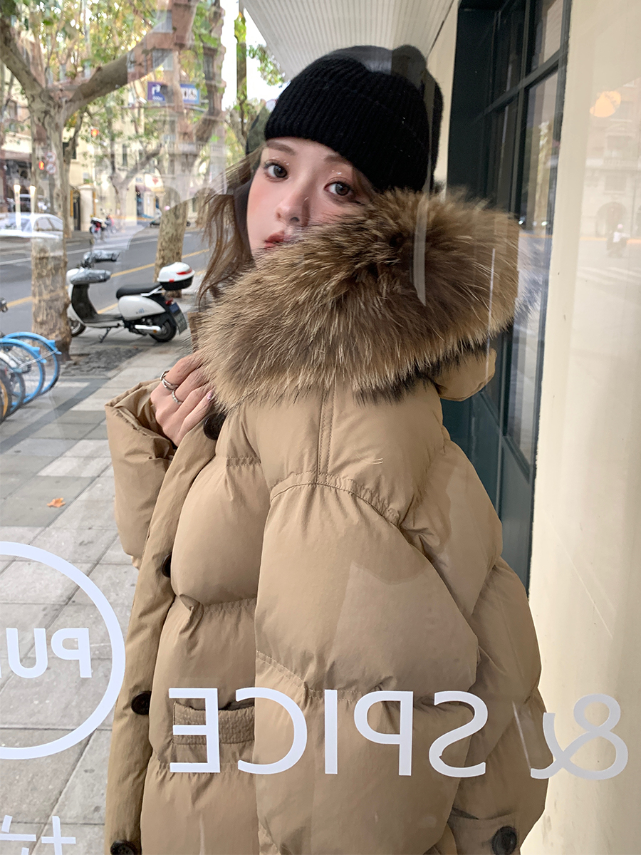 COOLLINE Lin Zixi highly recommends!  chao big raccoon hair milk tea short cotton coat for women winter