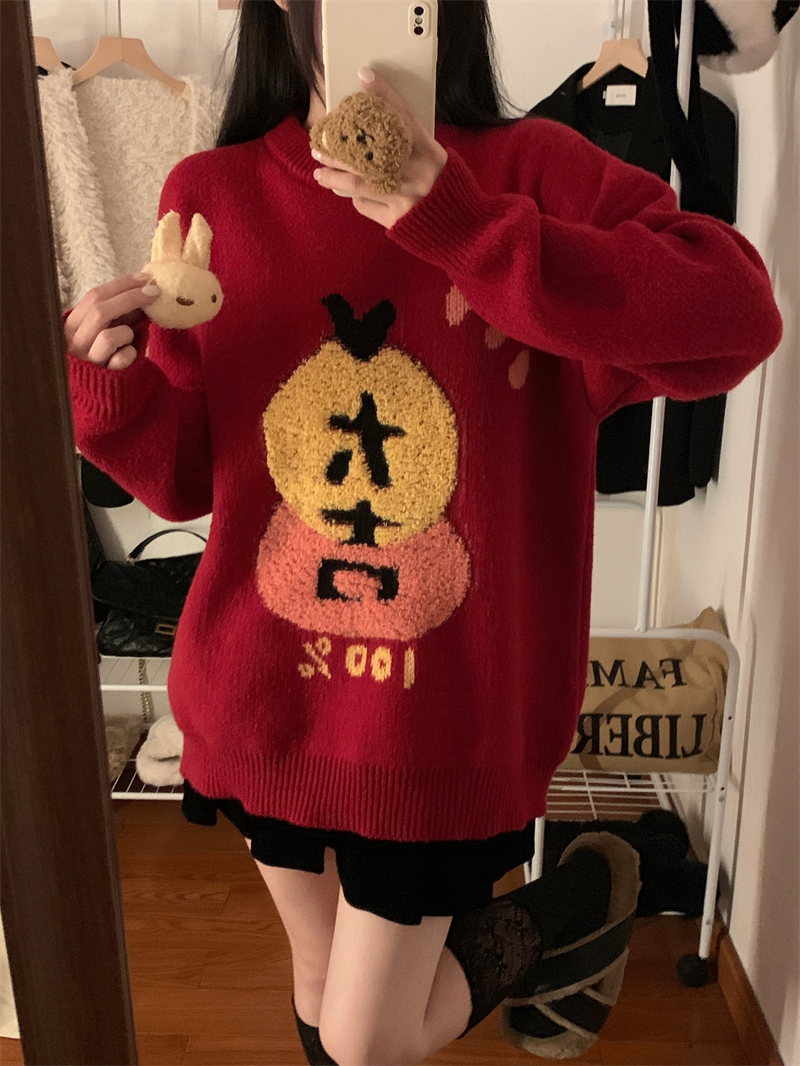 實拍實價寬鬆加厚圓領大吉刺繡立體毛衣卡通可拆+絲絨百褶A字短裙