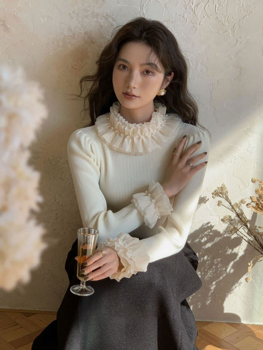 法式復古木耳邊半高領針織衫溫柔淑女輕奢絕美顯瘦打底毛衣高級感