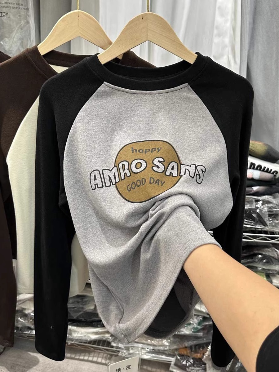 Cashmere round neck brushed thickened bottoming shirt T-shirt for women autumn and winter new printing slimming loose inner wear top