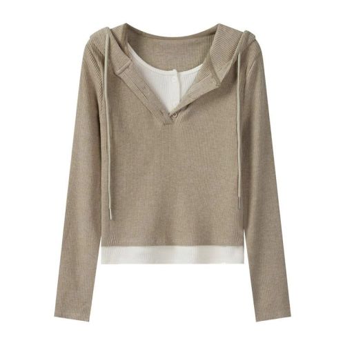 Original workmanship color-blocked drawstring hooded long-sleeved T-shirt for women  autumn and winter Korean version sweet and cool commuter solid color top