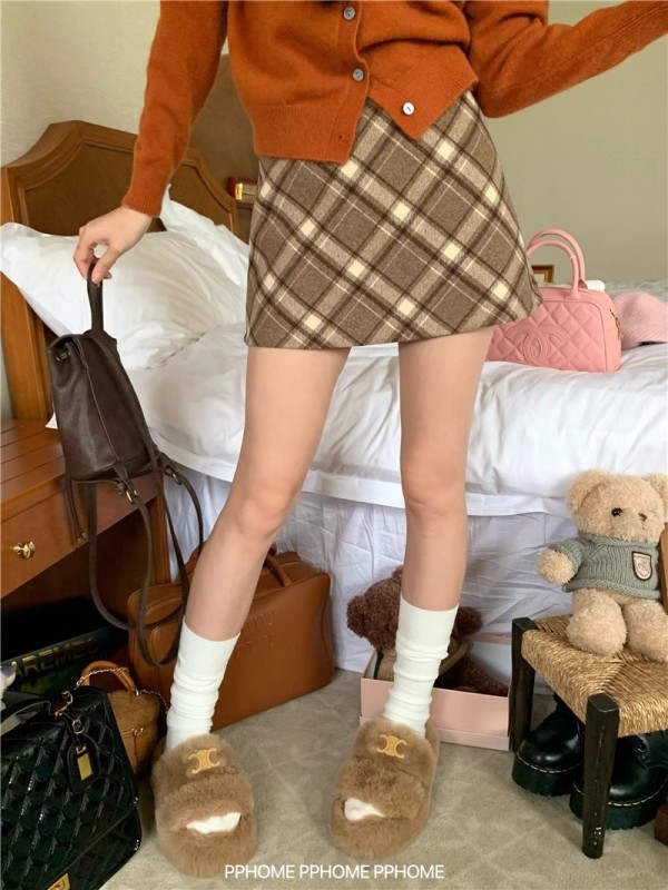 美式復古格子半身裙女秋冬新款紅色毛呢包臀裙A字裙格紋短裙裙子