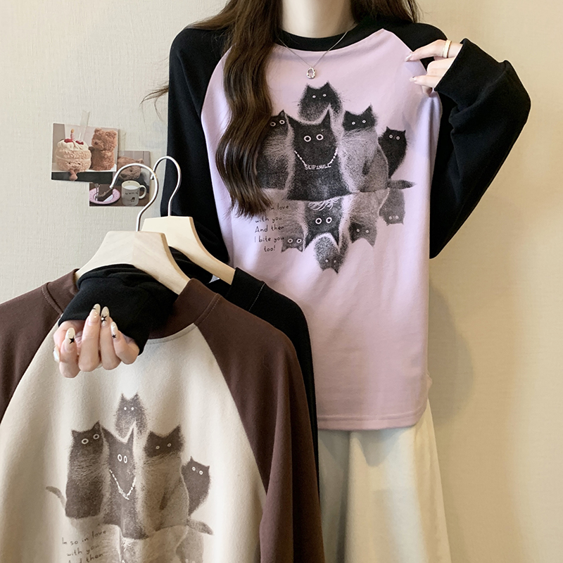Actual shot of 2023 new winter fat mm versatile thickened warm cat print color matching outer wear bottoming T-shirt top