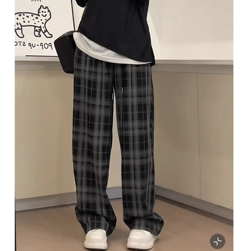 黑白格子褲子女秋新款垂感休閒復古直筒闊腿褲