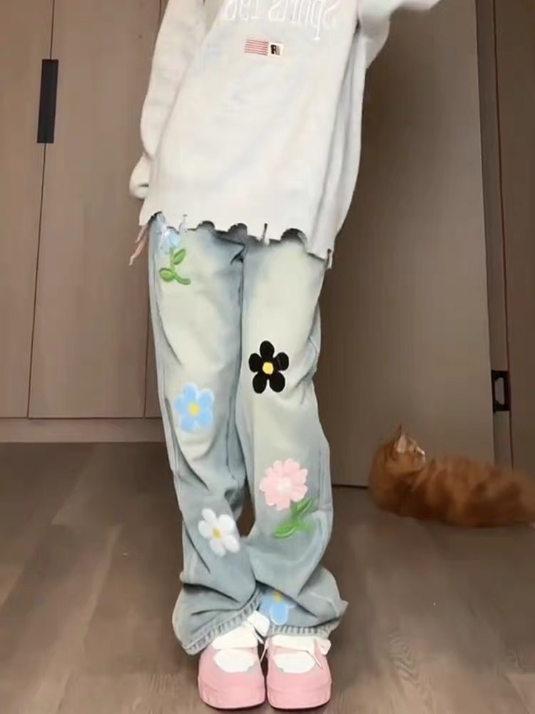 American ins retro niche flower patch embroidery straight jeans for women high waist slimming loose wide leg trousers