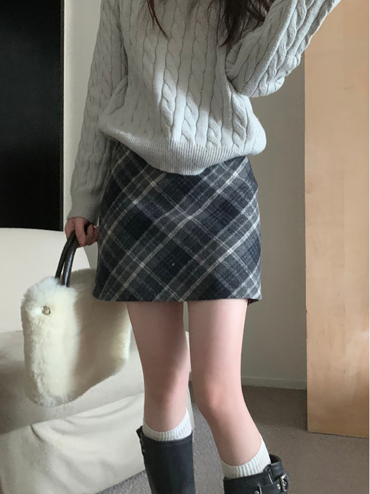 高腰格子毛呢半身裙女秋冬季2023新款復古格紋包臀裙短裙A字裙子