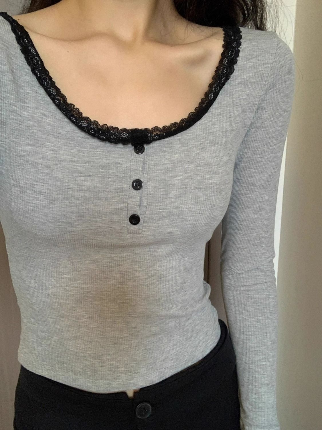 Lace u tie chest pad bottoming shirt for women in autumn and winter thickened brushed warm inner short top slim long-sleeved T-shirt