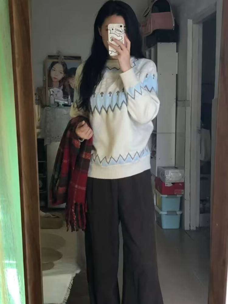 慵懶復古費爾島套頭毛衣女冬季新款寬鬆長袖打底針織衫潮