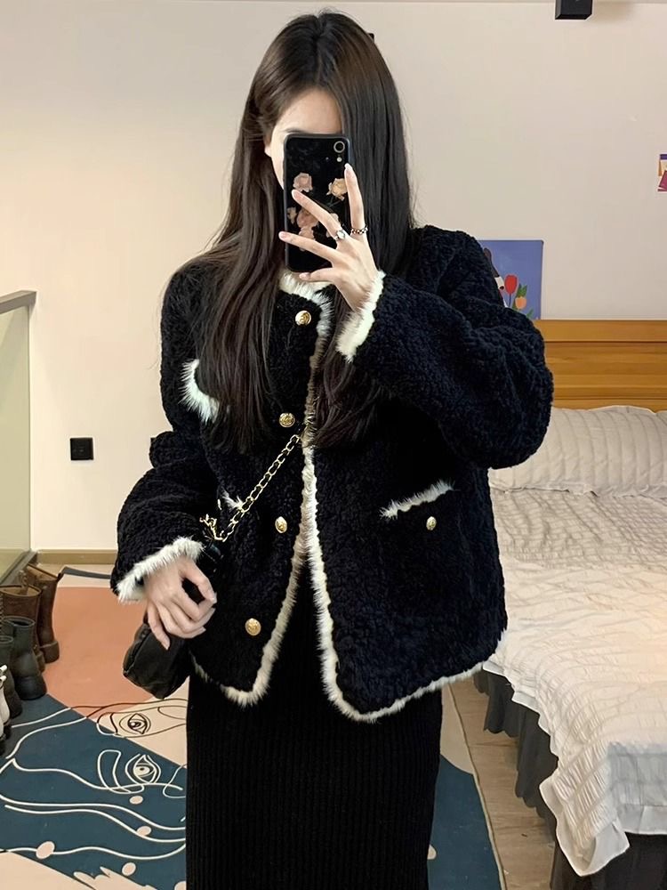 小香風外套女2023秋冬新款羊羔毛絨皮毛一體加厚黑色毛毛上衣短款